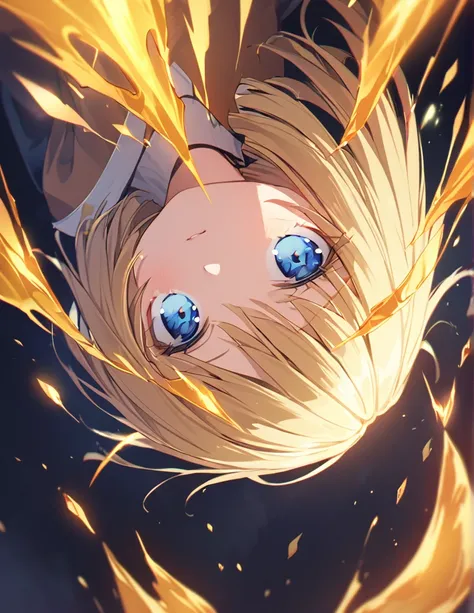 A girl fighting with golden flames (Open Close), (Small body), (Blonde:1.5） (Short Bob Hair:1.4), (Blue eyes)
