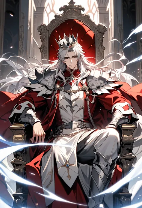 handsome with a crown, single, 1 male, long hair, white hair, black eyes, white fur warrior king outfit. shining silver armor a ...