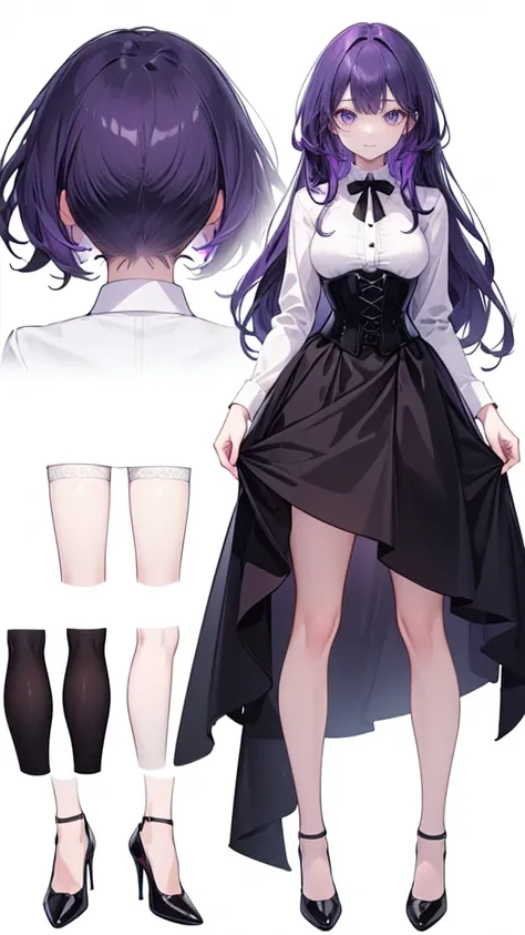 Purple Hair,Super long hair with volume,Adult female,(suit),White Y-shirt,((Rolling up his sleeves)),(corset),(Black skirt),(Slim silhouette skirt),(High heels),Heels are visible,((Simple white background)),smile,((whole body)),((full body)),Character Shee...