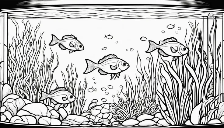 a group of small fish in aquatic paludarium scenery, cartoon, ,Coloring Book, ColoringBookAF,