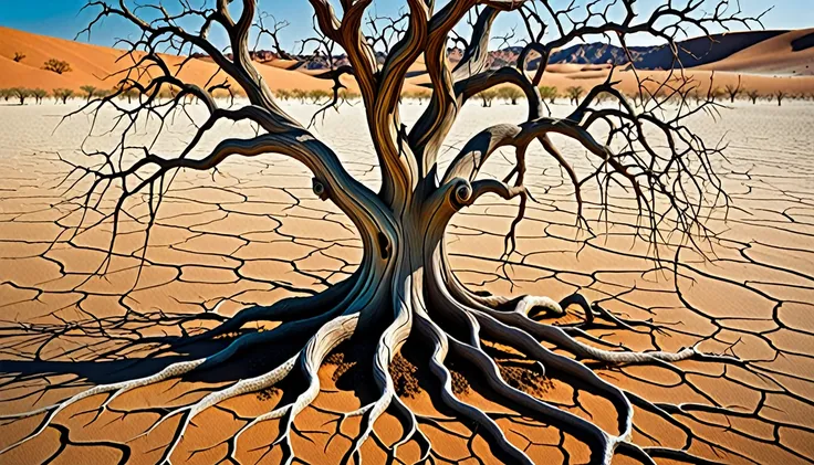 Surrealism style. An intricately detailed barren tree with extensive, twisting branches devoid of leaves, emerging from a cracked, dry desert ground with one small green seedling emerging from a crack in the dry earth. The trees texture resembles aged drif...