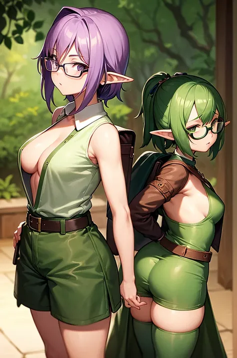 forest, leaves, green skin, goblin, adventurer, backpack, spear, leather belt, vest, long ears, pointy ears, elf ears, thin clothes, open shirt, breasts, cleavage, curvy, ecchi, short, shortstack, pigtails, wavy hair, purple hair, freckles, half rim glasse...