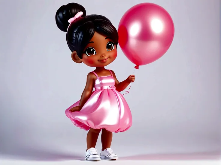 little baby girl, cute, chibi, heavy black hair in a bun, brown eyes, happy, smiling, brown skin, holding a floating balloon, long pink dress, white sneakers, plain white cinematic, vinyl figurine, high quality, 4k, full body