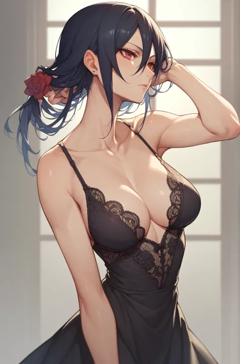 Sasuke Uchiha, e Cup sized breasts, showing off pantys under black lace dress