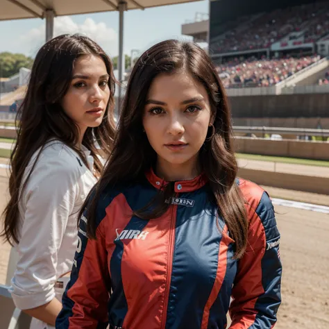 1girl in, 30 years old, Square face, Long hair, Looking at viewer, jewelry, Realistic, Sexy, racing outfit, colorful outfit, F1 racetrack background, freestyle pose