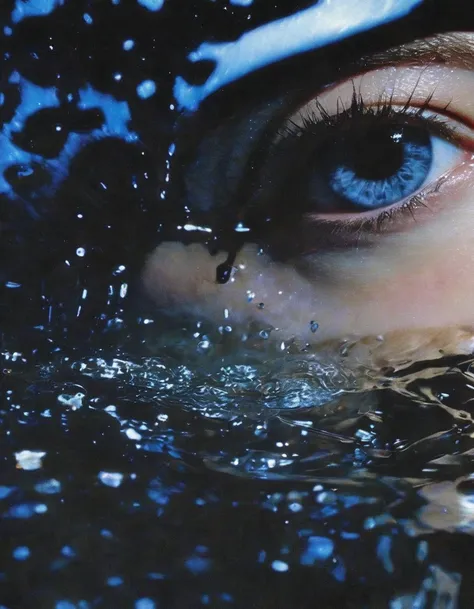 macro photography from above of  fashion model's blue eyes poke out of the water at night,