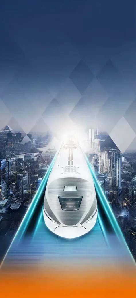 there is a Futuristic looking train going down a track in the city, the image is Futuristic, jr sc magnetic levitation, City of the Future, 2055, photo of Futuristic cityscape, 2030, Supersonic train and passengers, cyberpunk elevated train, Futuristic, Fu...