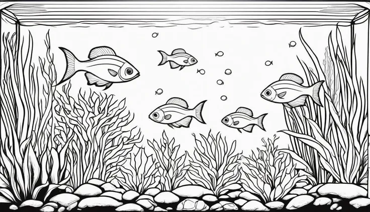 a group of small neon tetra fish in aquatic paludarium scenery, cartoon, ,Coloring Book, ColoringBookAF,