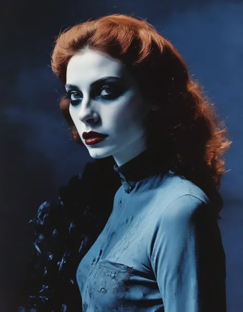 film photography, vintage, fashion shoot of female horror monster, blue dark background