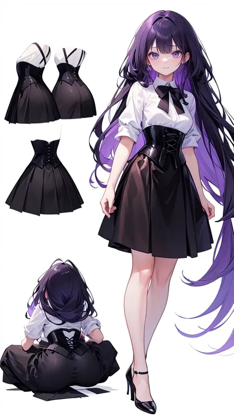 Purple Hair,Super long hair with volume,Adult female,(suit),White Y-shirt,((Rolling up his sleeves)),(corset),(Black skirt),(Slim silhouette skirt),(High heels),Heels are visible,((Simple white background)),smile,((whole body)),((full body)),Character Shee...