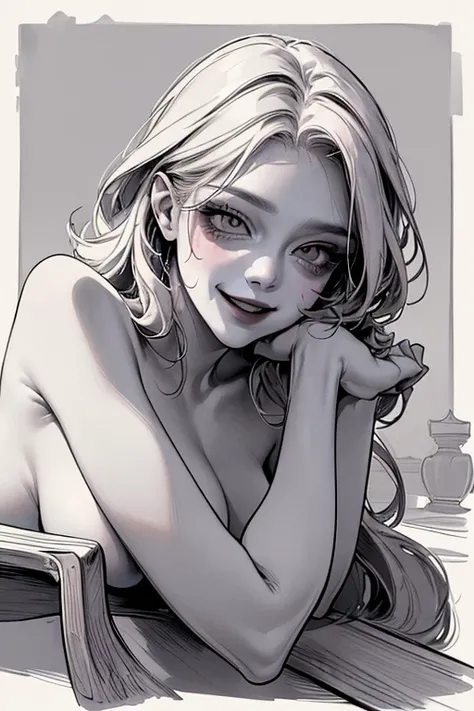 Highest quality, (Background details), High Contrast, One very beautiful woman, topless、Detailed original illustrations、Functional、Delicate face、Alluring、Villainess、sexy、Real breasts、Crazy Smile, Crazy Eyes、 Beautiful line art
、Looking into the camera、stra...