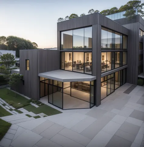 raw photo, a photo of a modern villa with a car parked in front of it, ((1/2 dark grey wood facade)), architectural shot, gate, ...