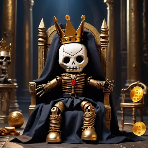 (knitted toy voodoo doll:1.8), (voodoo king:1.3), (clothes torn royal cloak, dark crown, golden scepter with bitcoin coin:1.2), (sitting on throne:1.1), (in the background ruined throne room, fallen columns, moonlight:1.3), gothic atmosphere, best quality,...