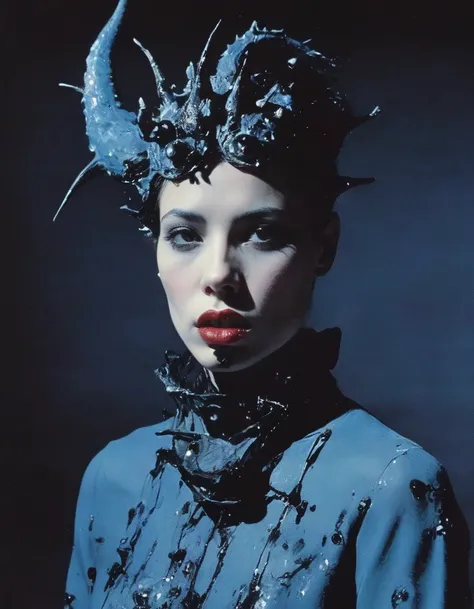 film photography, vintage, 90's vintage arthouse fashion shoot of female horror monster, blue dark background