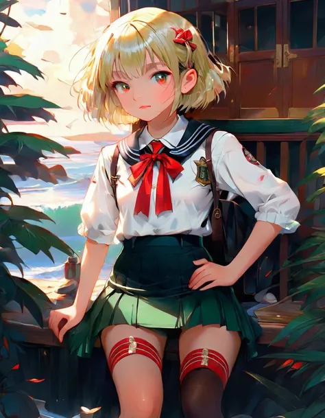 ((masterpiece, Highest quality)), High resolution, 8K, Cinematic Light, High Contrast, Depth of written boundary, A 17-year-old Japanese girl, Catholic high school student, blonde bob cut, beautiful red eyes, neatly aligned bangs, tanned chocolate skin, bl...