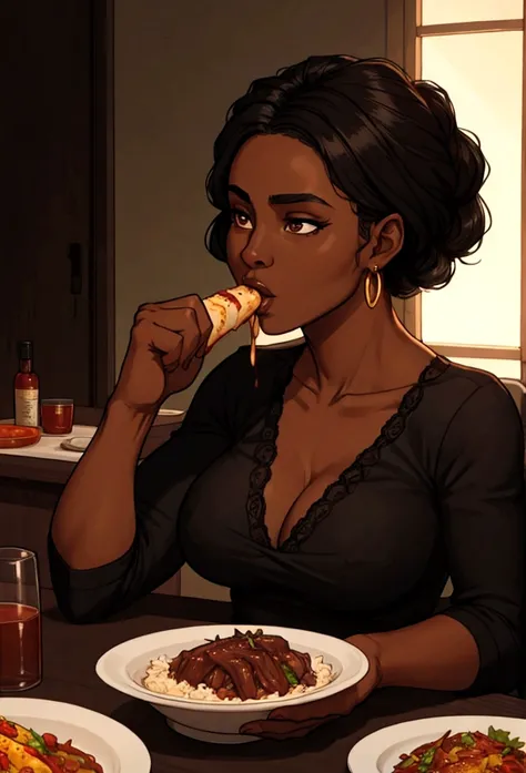 dark skin woman eats dinner