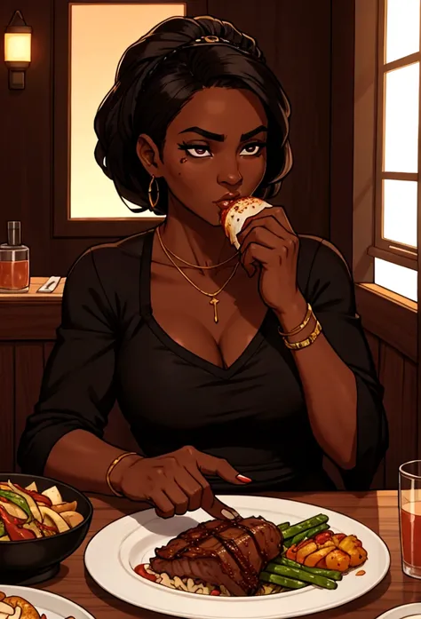 dark skin woman eats dinner