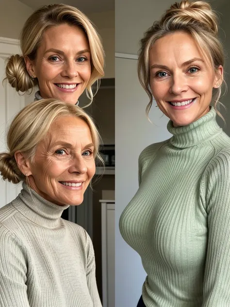 2 different women photo of a skinny very old wrinkly-faced faced mature blonde messy long hair thrown into a messy bun ponytail. She wears: (turtleneck soft high ribbed different bright coloured super tight sweater:1.1), submissive seductive pose, high tig...