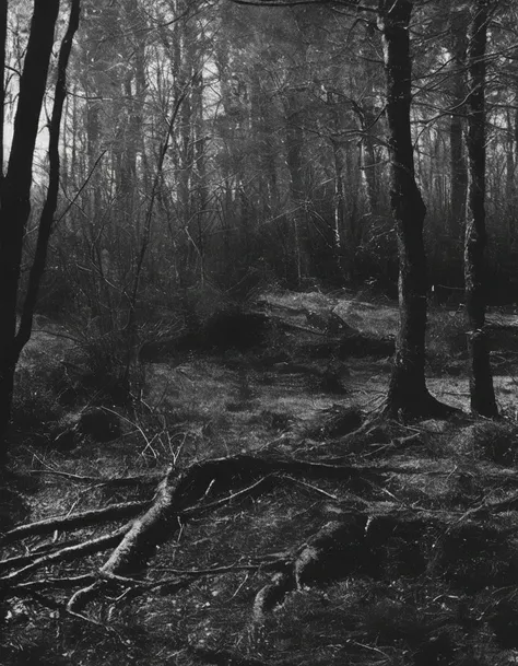 film photography, vintage, arthouse shoot of horror dark night forest