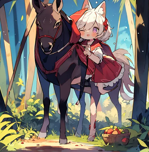 1girl 1boy little red riding hood wolf-eared boy in the forest