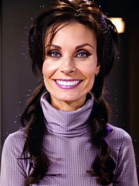 photo of a skinny brunette prostitute with fake eyelashes and plump-enhanced lips, messy long hair thrown into a messy bun ponytail. She wears: (turtleneck soft high ribbed purple super tight sweater:1.1), submissive seductive pose, high tight ribbed neck,...