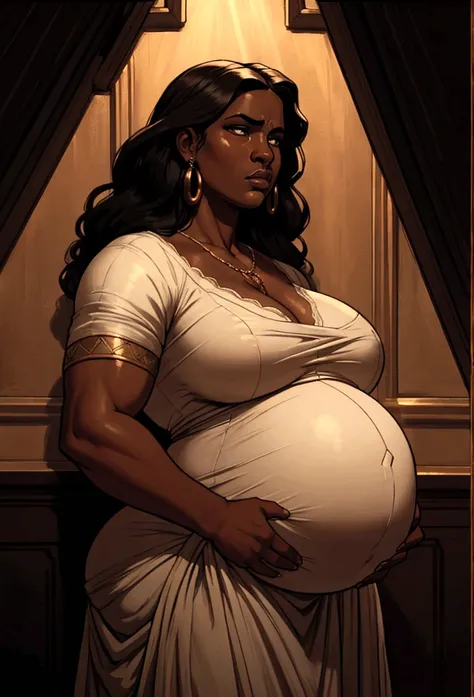 a pregnant dark-skinned woman, detailed face, beautiful eyes, full lips, dramatic expression, heavy belly, portrait, oil painting, dramatic lighting, chiaroscuro, Renaissance art style, muted colors, cinematic, epic big ass