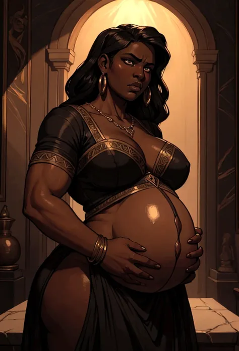 a pregnant dark-skinned woman, detailed face, beautiful eyes, full lips, dramatic expression, heavy belly, portrait, oil painting, dramatic lighting, chiaroscuro, Renaissance art style, muted colors, cinematic, epic big ass