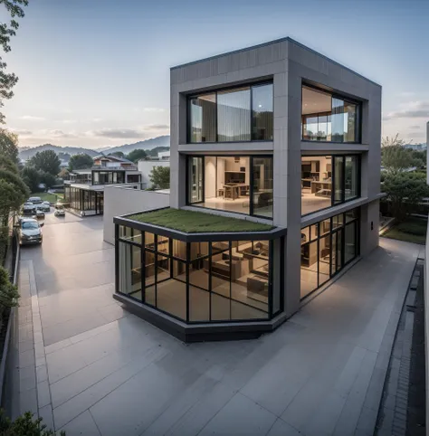 raw photo, a photo of a modern villa with a car parked in front of it, ((1/2 dark grey wood facade)), architectural shot, gate, ...