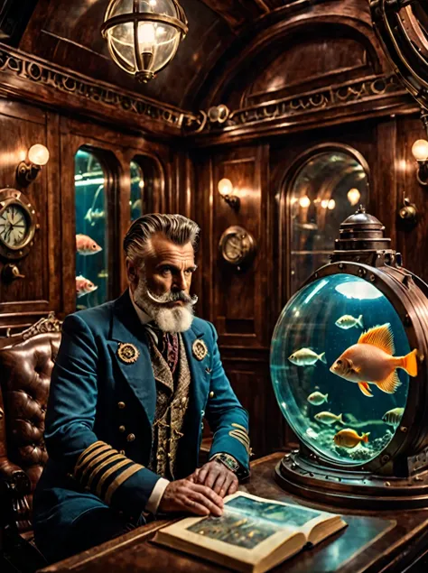 photo focus on male focus, indoors, realistic scenery, (captain nemo:1.1), retro-futuristic,  looking at images of fish, book about fish, steampunk nautilus-style. very wide shot, character photo portrait, film, professional, 4k