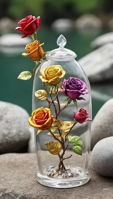 image of, close,  flowermd_jewelry,chinese_sp style,colorful roses with gemstones and diamonds in a jar on rocks near a lake,wat...