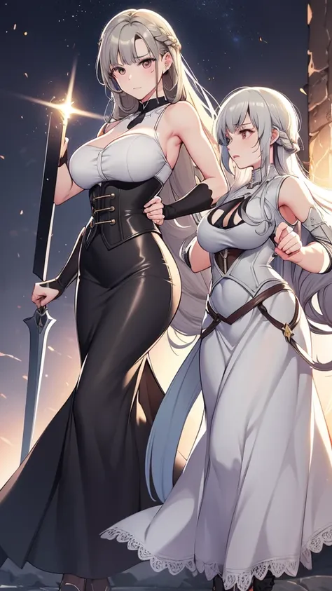 masterpiece, best quality, Mature women,, gray hair, Long Hair Flying，fantasy, middle Ages, On the war zone, dynamic poses, Beautiful and detailed light，black corset，White miniskirt，Lace exposed，Golden eyes，There are blue sword lights all around，silence，fi...