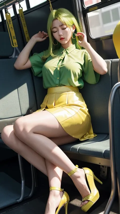 20th generation women,,clear images、real women　、yellow green hair, side tail 彼女 is fast asleep with his eyes closed and his mout...