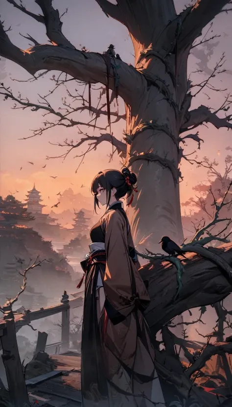 masterpiece, high quality, high resolution,8K, Chinese painting ,, Dead vines, old ((Trees)), dusk ((crow)) Don&#39;t cry,, ((A small bridge)), flowing water,Journey to the West，Journey to the West，Sun Wukong，Sun Wukong，The Monkey King，Golden Cudgel，Golden...