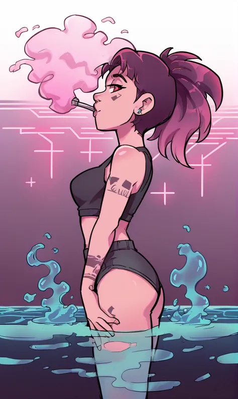 score_9, score_8_up, score_7_up, score_6_up, score_5_up, score_4_up, did vaporwave style, solo, 1girl, female, water, white back...