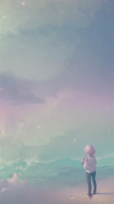 (Soft pastel colors:1.2)、A girl gazing at the future city、From the back、Surreal、Whimsical、Magical、Fantasy、dream-like、