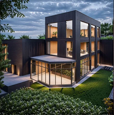 raw photo of a modern house, garden, plants and trees,black color, wood material, mix material, architecture photography, cinema...