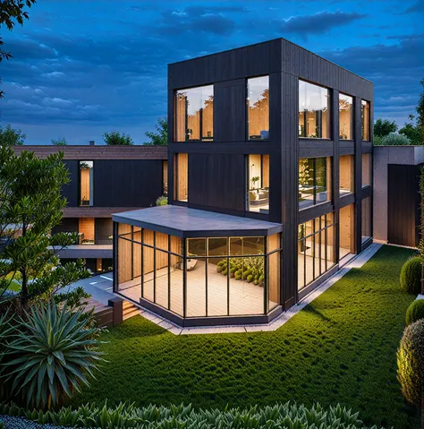 RAW photo of a modern house, garden, plants and trees,black color, wood material, mix material, Architecture Photography, cinematic photo, 35mm photograph, 8k, highly detailed, super realistic, jzcg