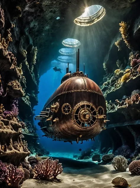 photo of nautilus submarine, bugattiai submarine, underwater, ocean, deep, exploring a canyon, realistic scenery, steampunk naut...