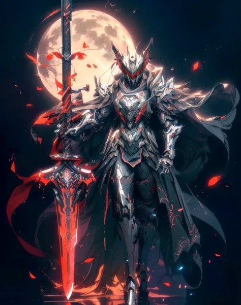 anime characters wearing a red cloak and sword before the full moon, badass anime 8 k, high quality warframe fanart, exquisite w...