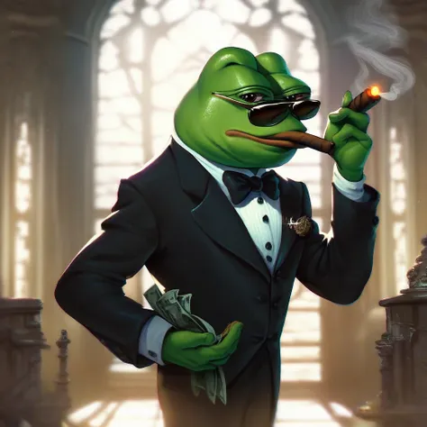 score_9, score_8_up, score_7_up, score_6_up, score_5_up, score_4_up, pepe the frog wearing a suit and smoking a cigar, solo, mal...