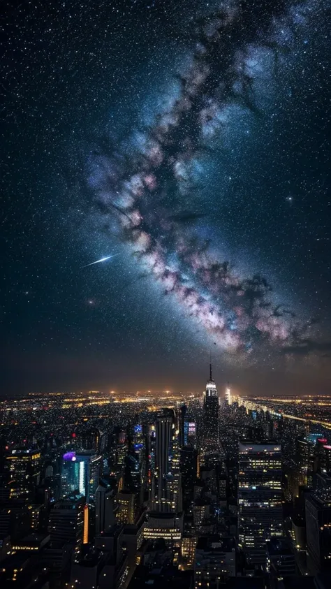 Starry sky with constellations, Purple hue like a nebula, Vast space, Cyberpunk City at the Bottom,  