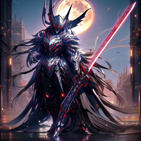 anime characters wearing a red cloak and sword before the full moon, badass anime 8 k, high quality warframe fanart, exquisite w...