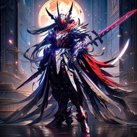 anime characters wearing a red cloak and sword before the full moon, badass anime 8 k, high quality warframe fanart, exquisite w...