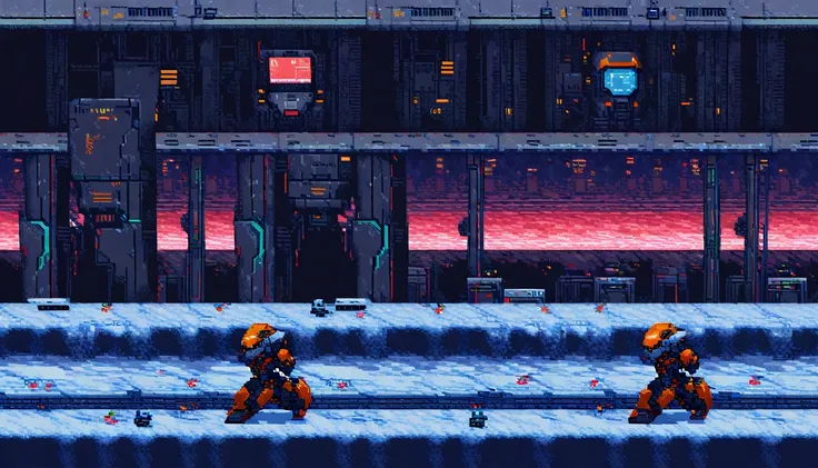 metroidvania, robot, close-up, cyberpunk, sidescroller, (work of art, best qualityer:1.2), pixel art,terrestrial space, futurist...