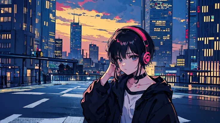 black short hair, black clothing, one adult woman looking sideways ,blue headphones、 city of night, delicate background、masterpi...