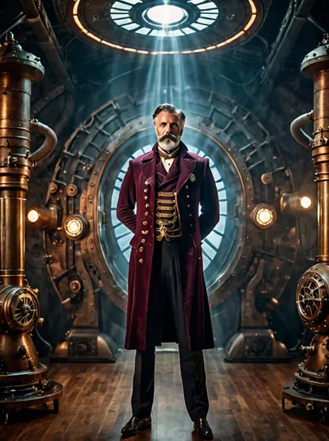 photo focus on male focus, indoors, realistic scenery, (captain nemo:1.1), retro-futuristic,  testing a laser , ray, beam,  steampunk nautilus-style. very wide shot, character photo portrait, film, professional, 4k