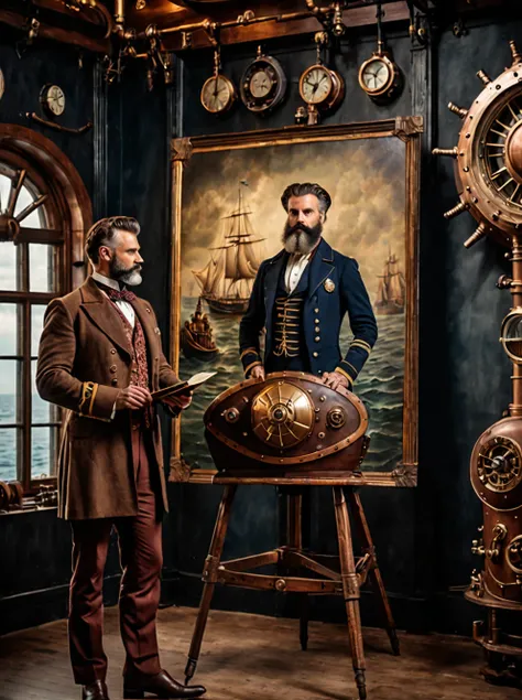 photo focus on male focus, indoors, realistic scenery, (captain nemo:1.1), drawing a painting on canvas,  steampunk nautilus-sty...