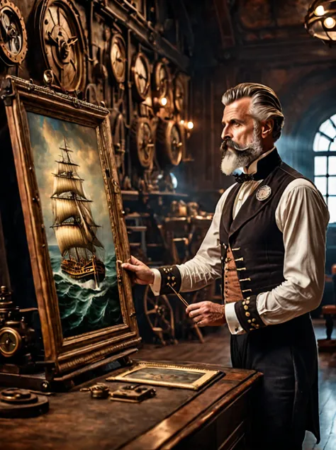 photo focus on male focus, indoors, realistic scenery, (captain nemo:1.1), drawing a painting on canvas,  steampunk nautilus-style. very wide shot, character photo portrait, film, professional, 4k