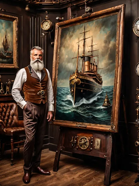 photo focus on male focus, indoors, realistic scenery, (captain nemo:1.1), drawing a painting on canvas,  steampunk nautilus-sty...