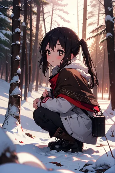 is, Azusa Nakano, Black Hair, (Brown eyes:1.5), Long Hair, ,Twin tails,smile,smile,blush,White Breath,
Open your mouth,snow,Ground bonfire,, Outdoor, boots, snowing, From the side, wood, suitcase, Cape, Blurred, , forest, White handbag, nature,  Squat, Mou...